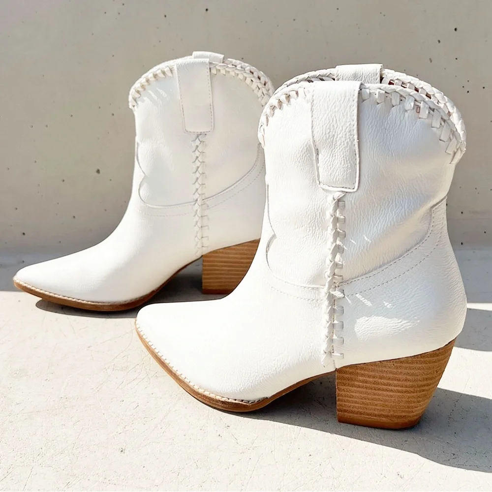 NEW Western Cowboy Whipstitched Ankle Boots
Pointy Toe Block Heel Distress White - Picture 6 of 16
